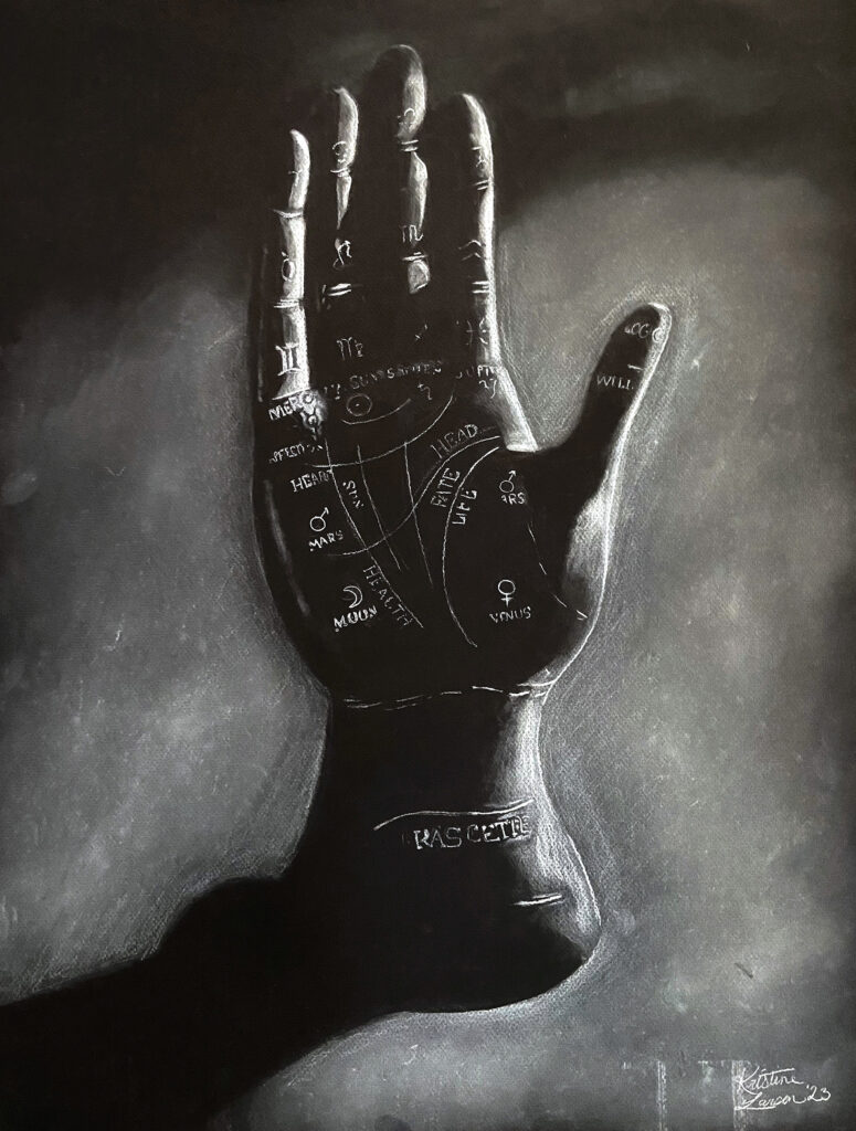 divination 20"X30" white charcoal on black paper