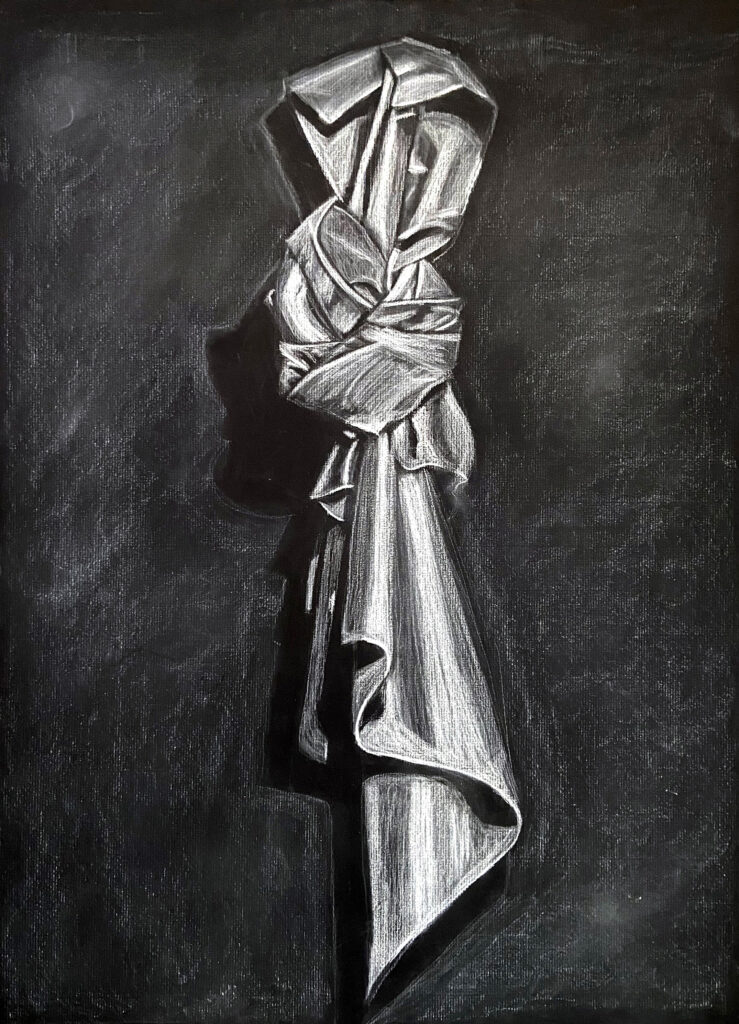 fabric study White charcoal on black paper